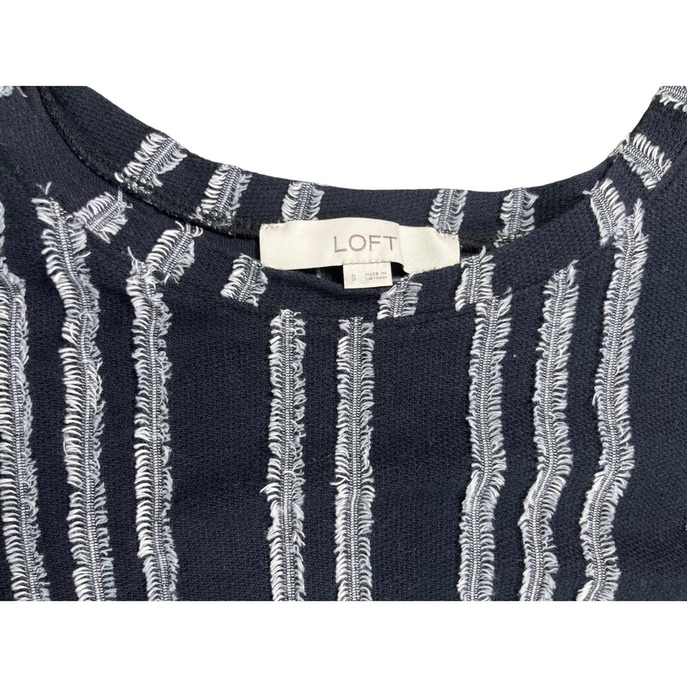 LOFT Puff Sleeve Mini Dress Small‎ Navy Fringe Stripe Textured Dress - Picture 3 of 3